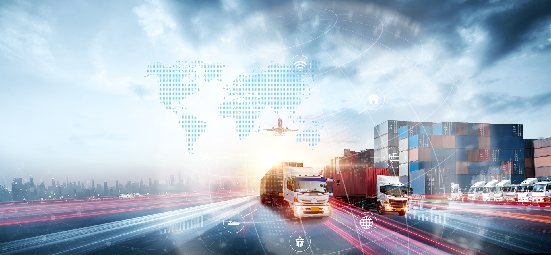 World map with logistic network distribution on background. Logistic and transport concept in front Logistics Industrial Container Cargo freight ship for Concept of fast or instant shipping, Online goods orders worldwide